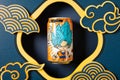 orange flavor sparkling water with Dragon Balls character Goku surrounded by Asia culture decorations