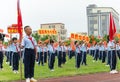 Chinese pupils attending a flag-raising ceremony in the morning in a primary school