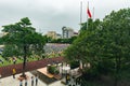 Chinese pupils and teaches attending a flag-raising ceremony in the morning in a primary school