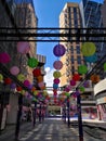 Colorful paper lanterns hanging in shopping mall for mid autumn festival & national holidays