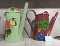 Zhostovo painted jugs in Zhostovo factory shop, Moscow Region