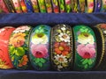 Zhostovo painted bracelets in Zhostovo factory shop, Moscow Region