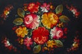 Zhostovo painting, old russian folk handicraft of painting on metal trays. Traditional bright colorful floral pattern on black Royalty Free Stock Photo