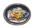 Zhostovo painting, old russian folk handicraft of painting on metal trays. Winter landscape with a Russian Troika. Royalty Free Stock Photo