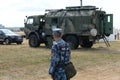 A soldier of the internal troops of the Russian Guard on the protection of public order at the International Aviation and Space Sa