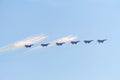 ZHUKOVSKY, RUSSIA - AUGUST 31, 2019: Russian aerobatic team Swifts makes maneuver at International Aviation and Space salon MAKS