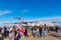 Zhukovsky, Russia - July 24. 2017. People against the background of an airplane il-76md 90a at international aerospace show MAKS 2