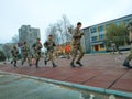 Zhytomyr, Ukraine - November 21, 2018: Military soldiers running on Sportsground