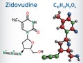 Zidovudine, ZDV, azidothymidine, AZT molecule. It is synthetic dideoxynucleoside. Structural chemical formula, molecule model Royalty Free Stock Photo