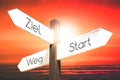 Ziel, Start, Weg - German, Target, Start, Route - English - signpost with three arrows