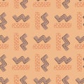 Zig zag and rectangle geomery figures seamless pattern. Abstract simple artwotk in beige and purple tones Royalty Free Stock Photo