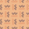 Zig zag and rectangle geomery figures seamless pattern. Abstract simple artwotk in beige and purple tones