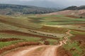 Zig zag road pass trough agriculture area of Inca people, Cusco, Peru Royalty Free Stock Photo