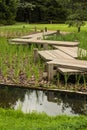 Zig-zag wooden pathway, footpath bridge over a lily pad filled water pond Royalty Free Stock Photo