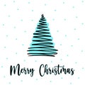 Zigzag shaped Christmas tree greeting card with Merry Christmas lettering. Outline linear zigzag xmas tree with blue