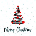 Zigzag Shaped Christmas tree greeting card with Merry Christmas lettering. Outline linear zigzag xmas tree with red