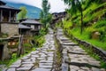 zigzag stone walkways in a hillside village