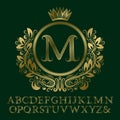 Zigzag striped gold letters and initial monogram in coat of arms form with crown. Elegant font and elements kit for logo