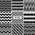 Zigzag vector patterns. Black and white regular striped geometric textures