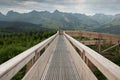 Zigzag wooden path in the forest against the Swiss Alps background Royalty Free Stock Photo