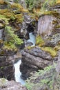 Zigzagging cliffs and flowing river at Maligne Canyon in Jasper National Park