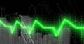 Zigzagging neon green line graph highlighting data trends on trading dashboard, with gray bars Royalty Free Stock Photo