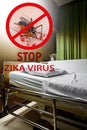 Zika virus. Clean empty sickbed in a hospital ward with stop mos