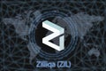 Zilliqa ZIL Abstract Cryptocurrency. With a dark background and a world map. Graphic concept for your design
