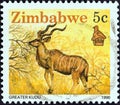 ZIMBABWE - CIRCA 1990: A stamp printed in Zimbabwe shows Greater kudu, circa 1990.