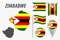 Zimbabwe. Collection of symbols in colors national flag on various objects isolated on white background. Flag, pointer, button,