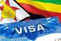 Zimbabwe Visa. Travel to Zimbabwe focusing on word VISA, 3D rendering. Zimbabwe immigrate concept with visa in passport. Zimbabwe