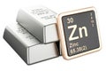 Zinc ingots with chemical element icon Zinc Zn, 3D rendering