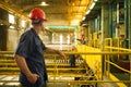 Zinc mine. Back view of confident engineer looking at the factory mining and thinking.