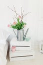 Zinc watering can with pink tulips over white background in bedroom