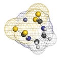 Zineb zinc organosulfur fungicide molecule. 3D rendering. Atoms are represented as spheres with conventional color coding:.