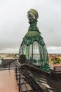 Zinger House - famous building in St. Petersburg on Nevsky prospect, view to bronze tower from roof