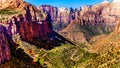 Zion Canyon, with the hairpin curves of the Zion-Mount Carmel Highway in Zion National Park, Utah