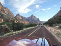 Zion national park observed from a car roof Royalty Free Stock Photo