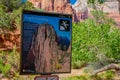 ZION, UTAH, USA - JUNE 12, 2018: Angels Landing Sign at Scout Lookout. The strenuous trail is a popular hiking climbing