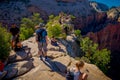 ZION, UTAH, USA - JUNE 14, 2018: Outdoor beautiful view of young hikers looking at view in Zion National park. People