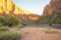 Zion National Park road trip. Beautiful fall season, sunset Royalty Free Stock Photo