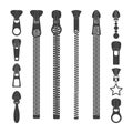 Zip pull icons. Zipper black silhouettes, closed and open zip lock stock collection, various forms textile and fabric Royalty Free Stock Photo