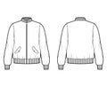 Zip-up Bomber ma-1 flight jacket technical fashion illustration with Rib collar, cuffs, waist, oversized, long sleeves