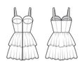 Zip-up bustier dress technical fashion illustration with shoulder straps, fitted body, 2 row mini length tiered skirt.