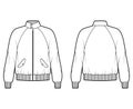 Zip-up Harrington Bomber jacket technical fashion illustration with Rib cuffs, waist, long raglan sleeves, flap pockets Royalty Free Stock Photo