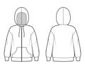 Zip-up Hoody sweatshirt technical fashion illustration with long sleeves, oversized body, kangaroo pouch, banded hem