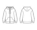 Zip-up Hoody sweatshirt technical fashion illustration with long sleeves, oversized body, kangaroo pouch, banded hem