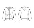 Zip-up Hoody sweatshirt technical fashion illustration with long sleeves, oversized body, kangaroo pouch, banded hem.