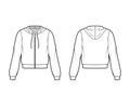 Zip-up Hoody sweatshirt technical fashion illustration with long sleeves, relax body, banded hem, cuff, drawstring