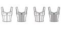 Zip-up jewel cropped shirred corset-style smocked top technical fashion illustration with molded cups, shirred back